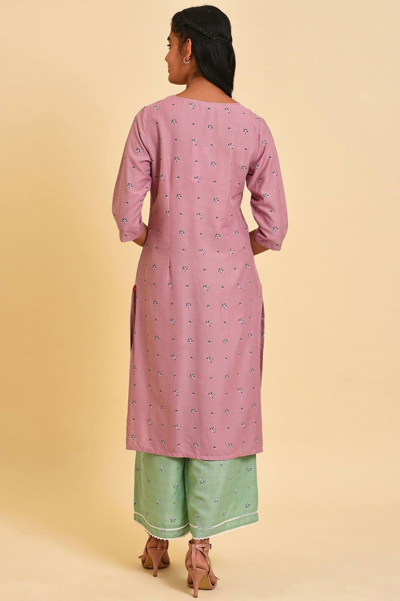 Light Purple Printed kurta With Embroidery - wforwoman