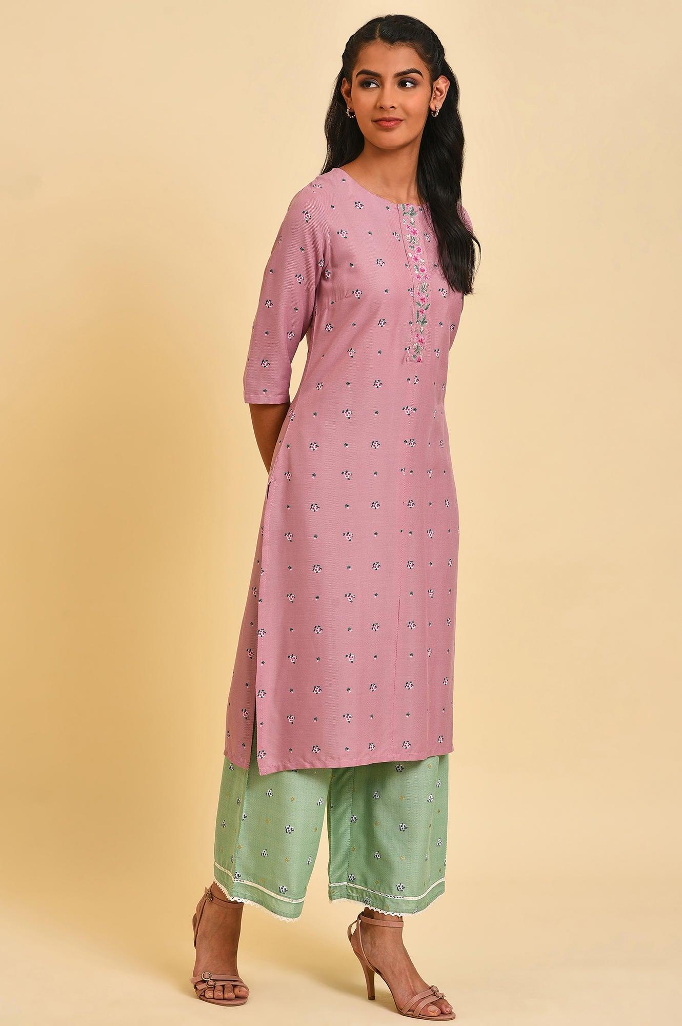 Light Purple Printed kurta With Embroidery - wforwoman