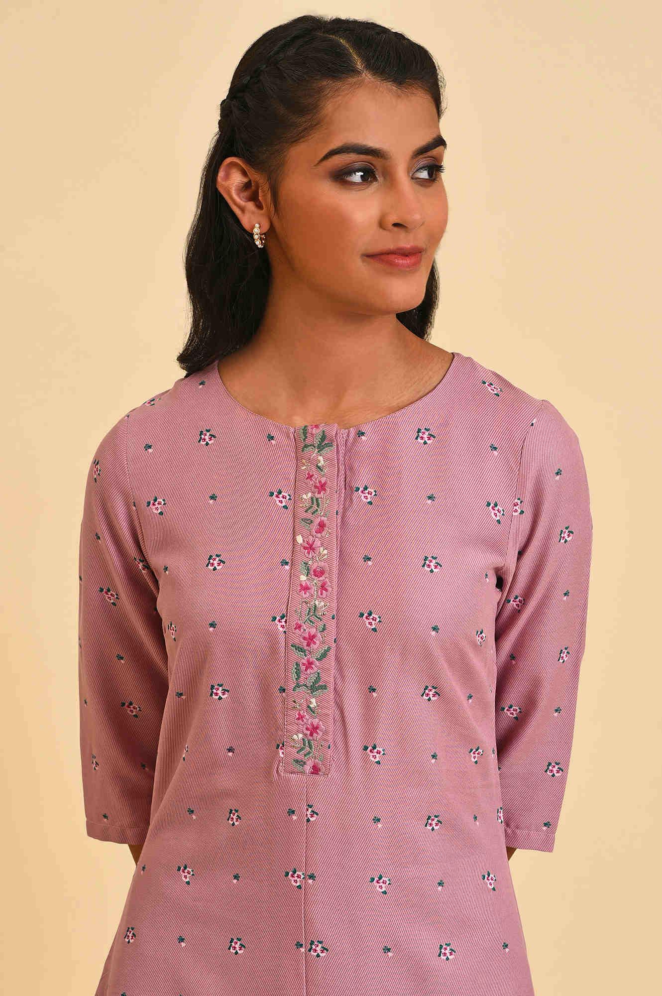 Light Purple Printed kurta With Embroidery - wforwoman