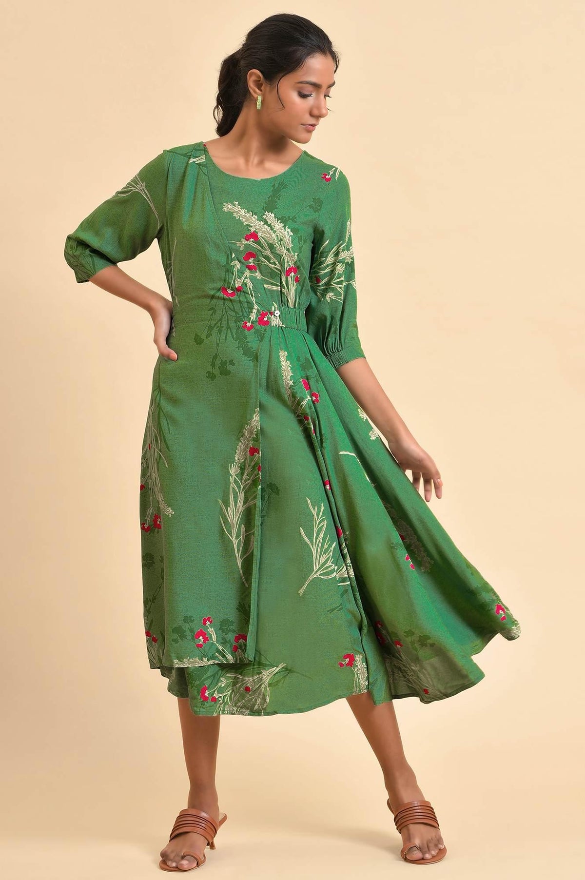 Green Floral Printed Western Plus Size Wrap Dress - 20