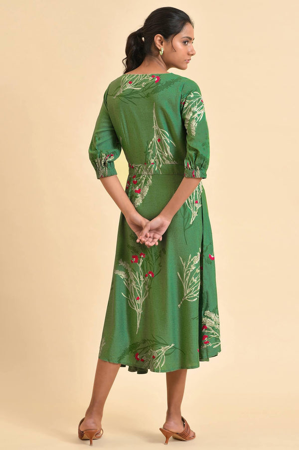 Green Floral Printed Western Plus Size Wrap Dress