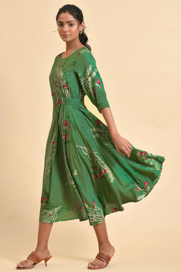 Green Floral Printed Western Plus Size Wrap Dress