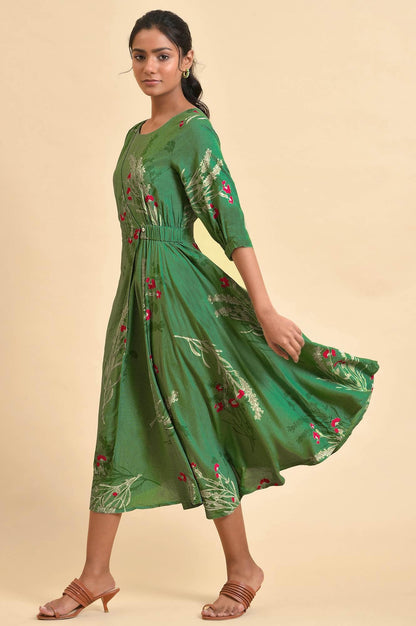 Green Floral Printed Western Wrap Dress - wforwoman