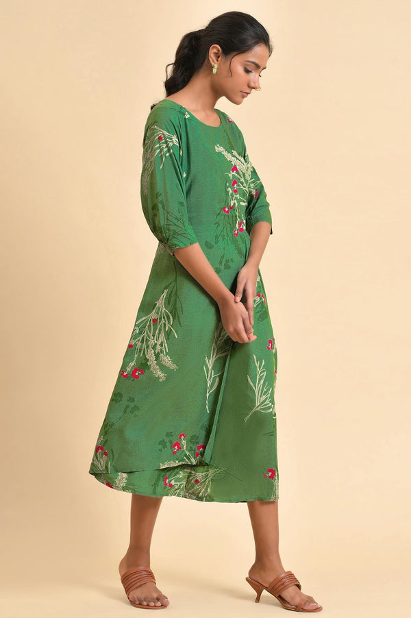 Green Floral Printed Western Plus Size Wrap Dress