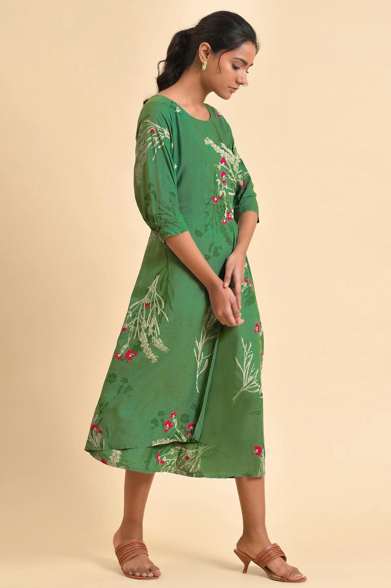 Green Floral Printed Western Wrap Dress - wforwoman