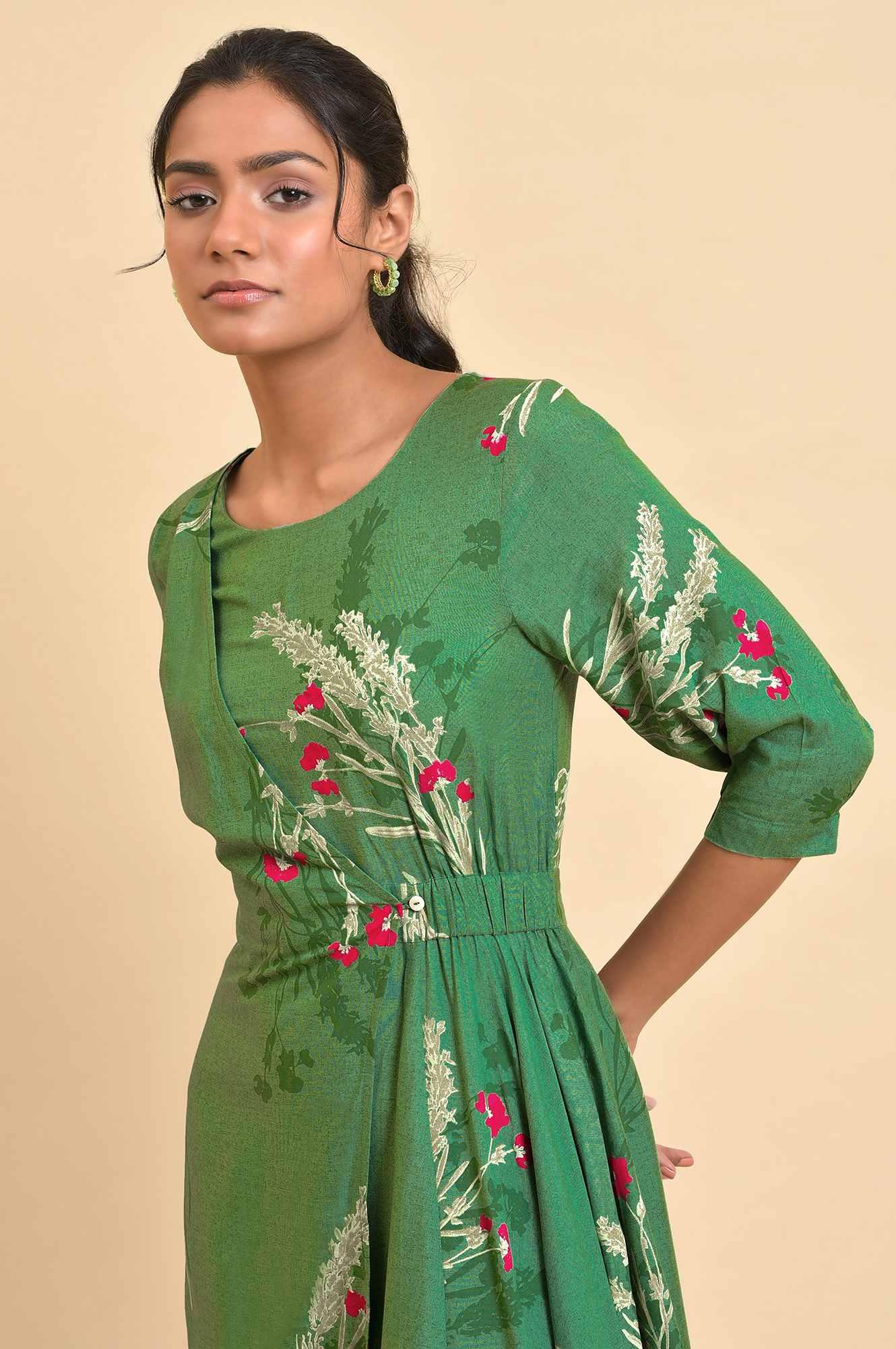 Green Floral Printed Western Wrap Dress - wforwoman