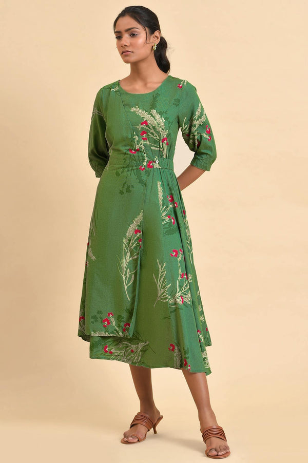 Green Floral Printed Western Plus Size Wrap Dress