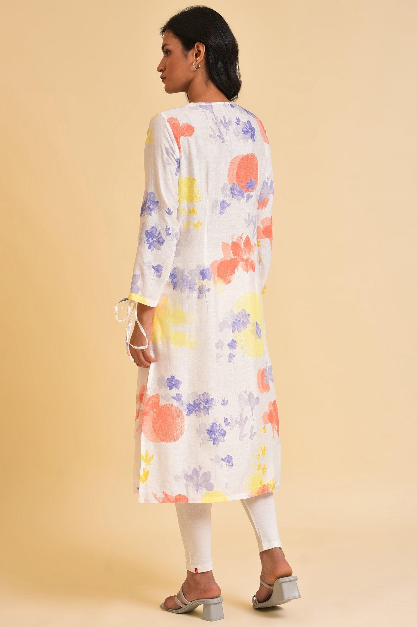 Ecru Floral Printed Summer Straight kurta - wforwoman