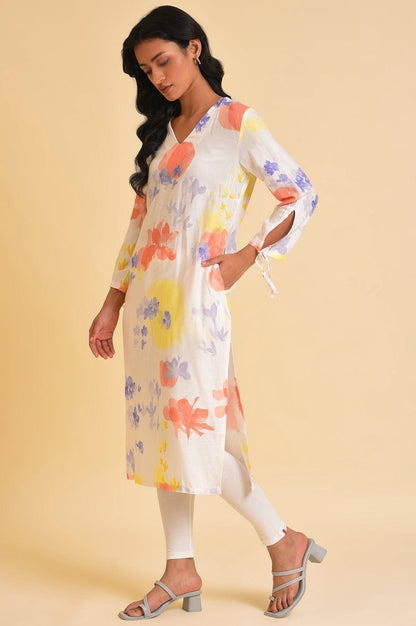 Ecru Floral Printed Summer Straight kurta - wforwoman