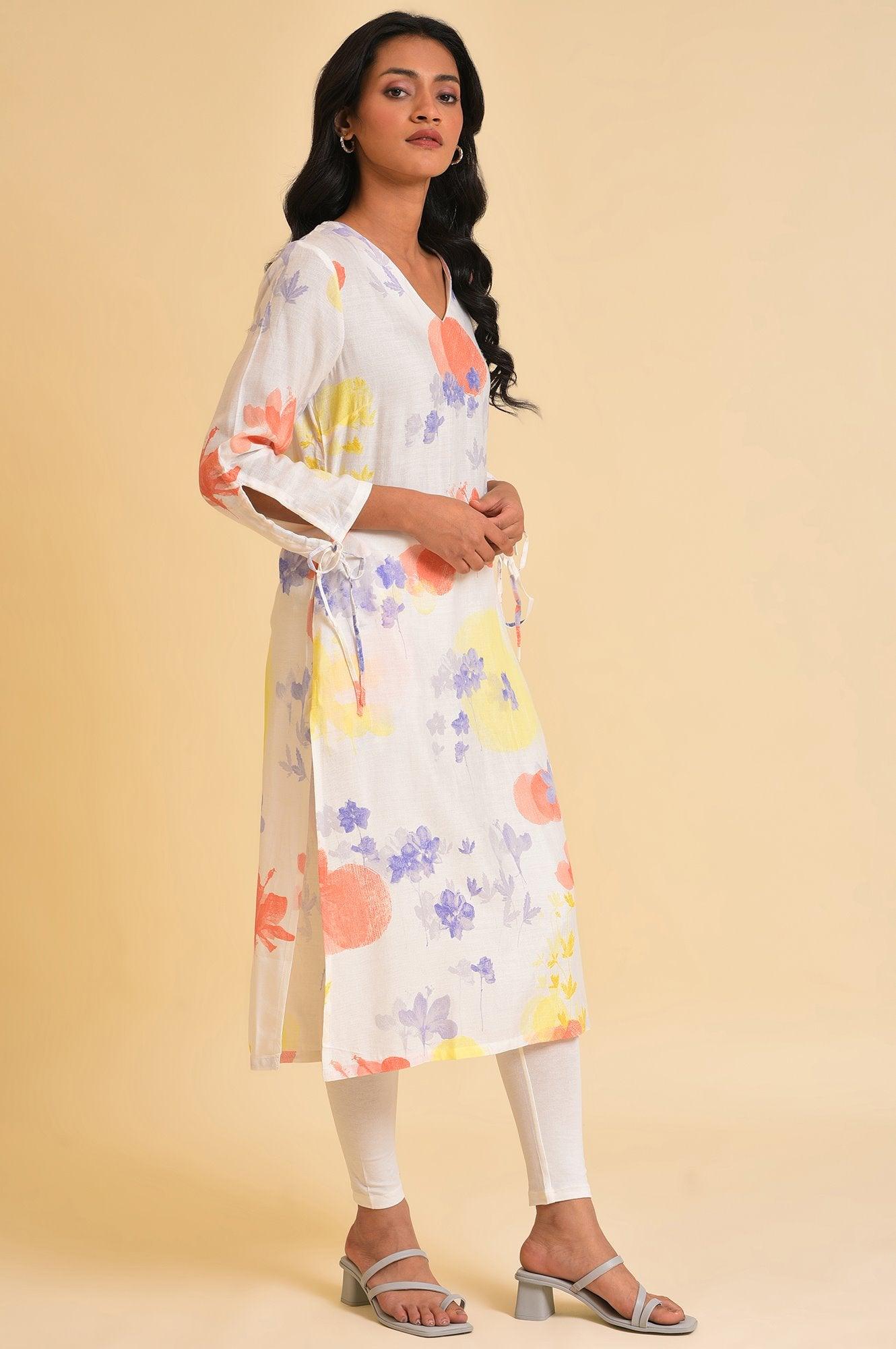 Ecru Floral Printed Summer Straight kurta - wforwoman