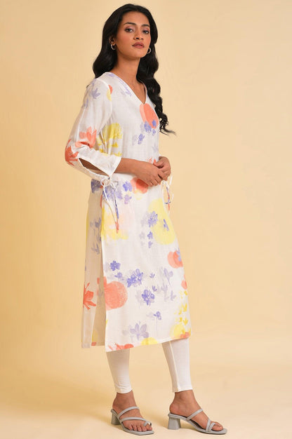 Ecru Floral Printed Summer Straight kurta - wforwoman