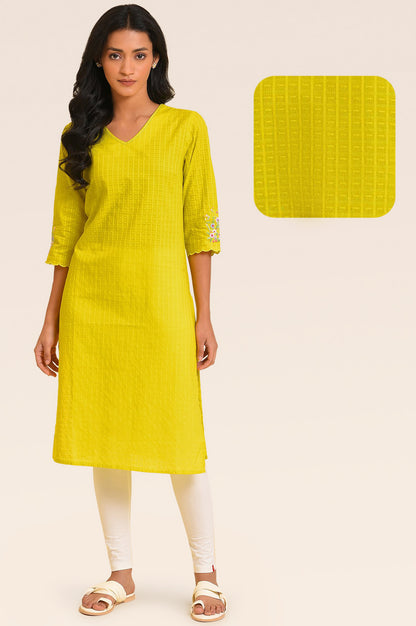 Yellow Textured Pure Cotton Straight Kurta with Embroidery on Sleeves