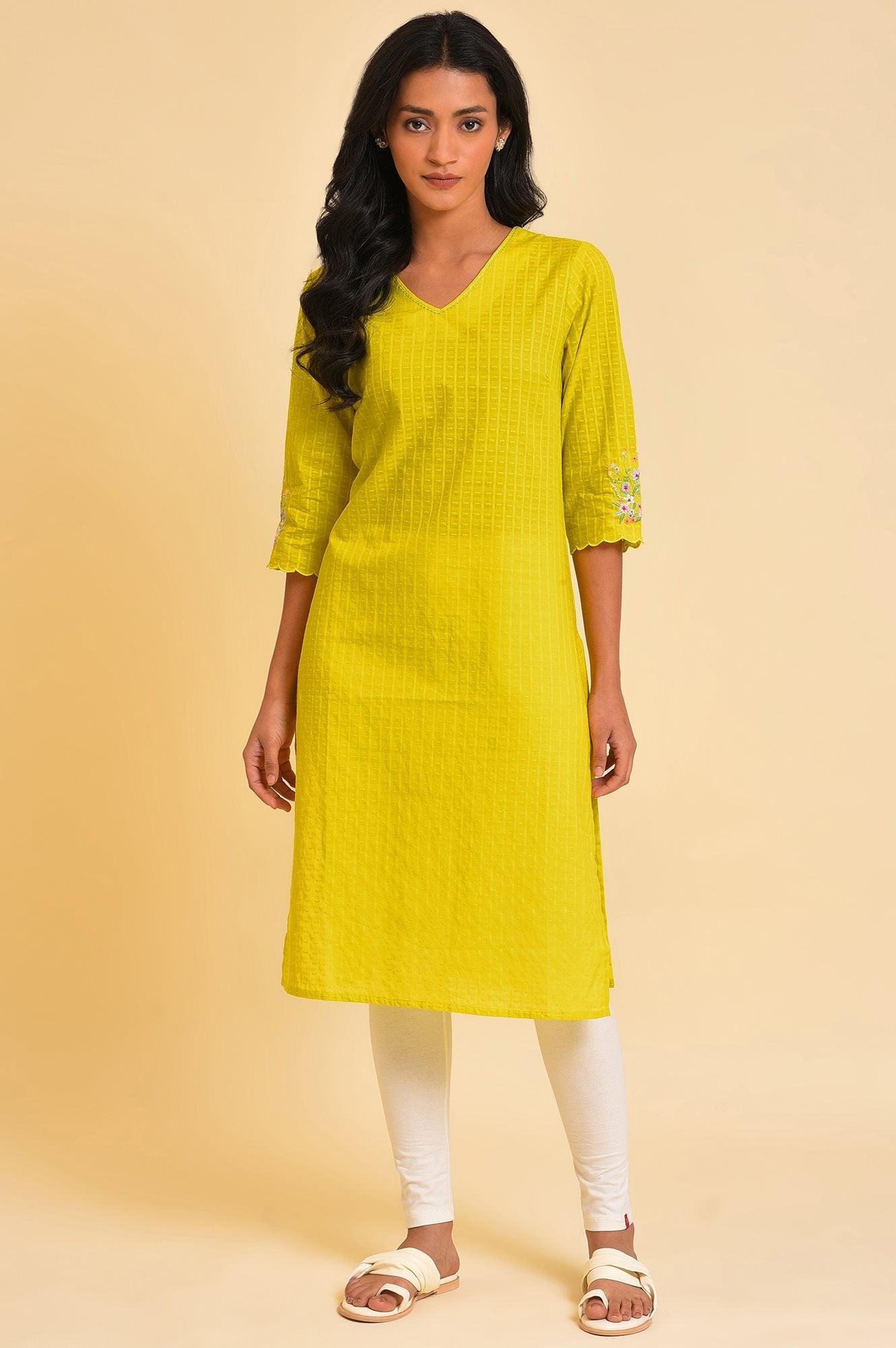 Yellow Textured Dobby kurta - wforwoman