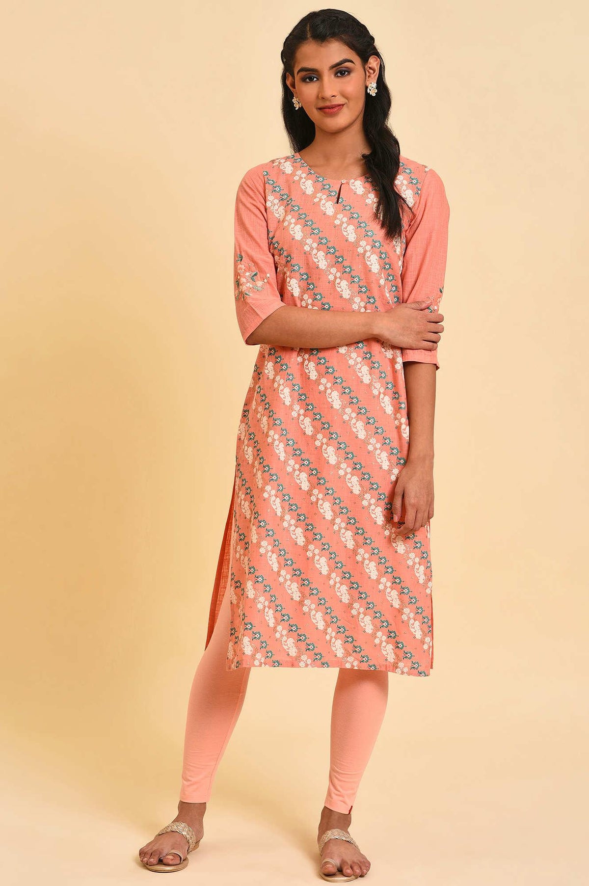 Peach Glitter Printed Plus Size Straight kurta - 4XL