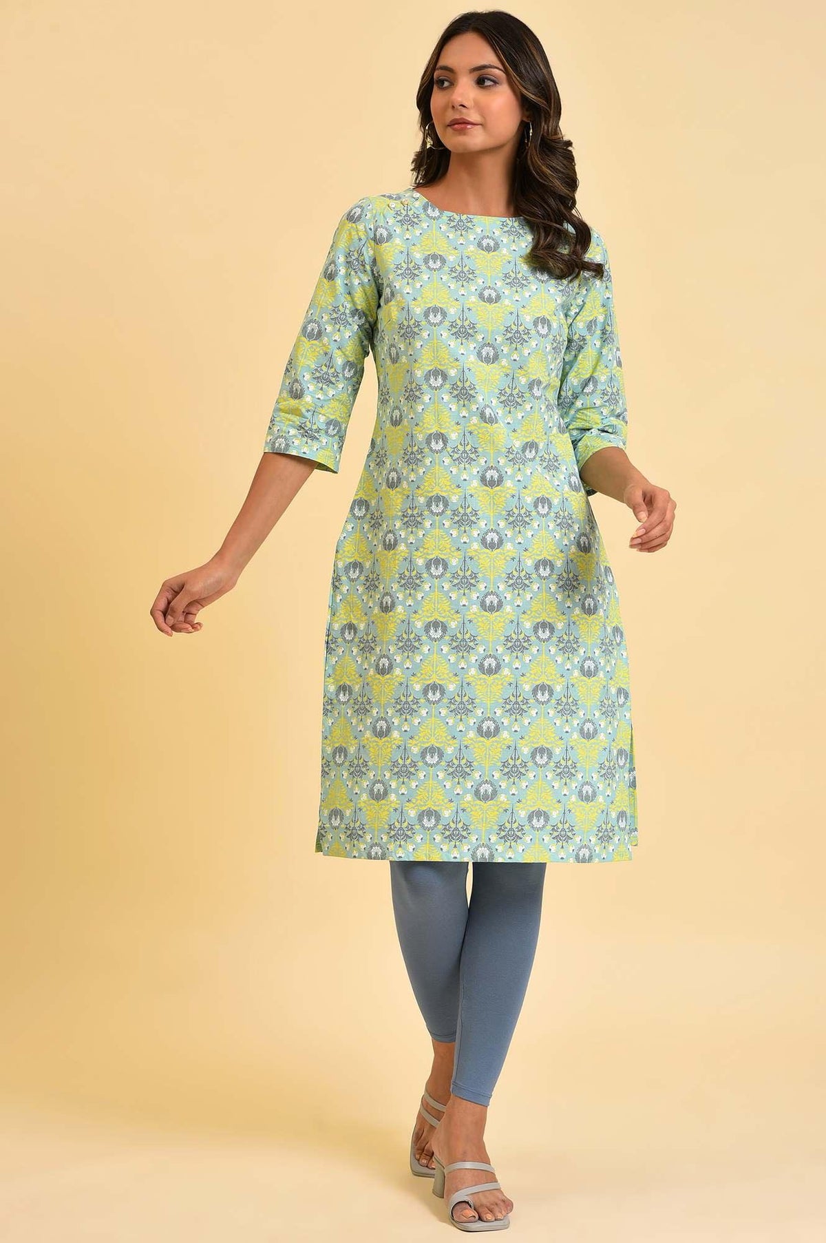 Mint Green Printed Straight kurta - XS