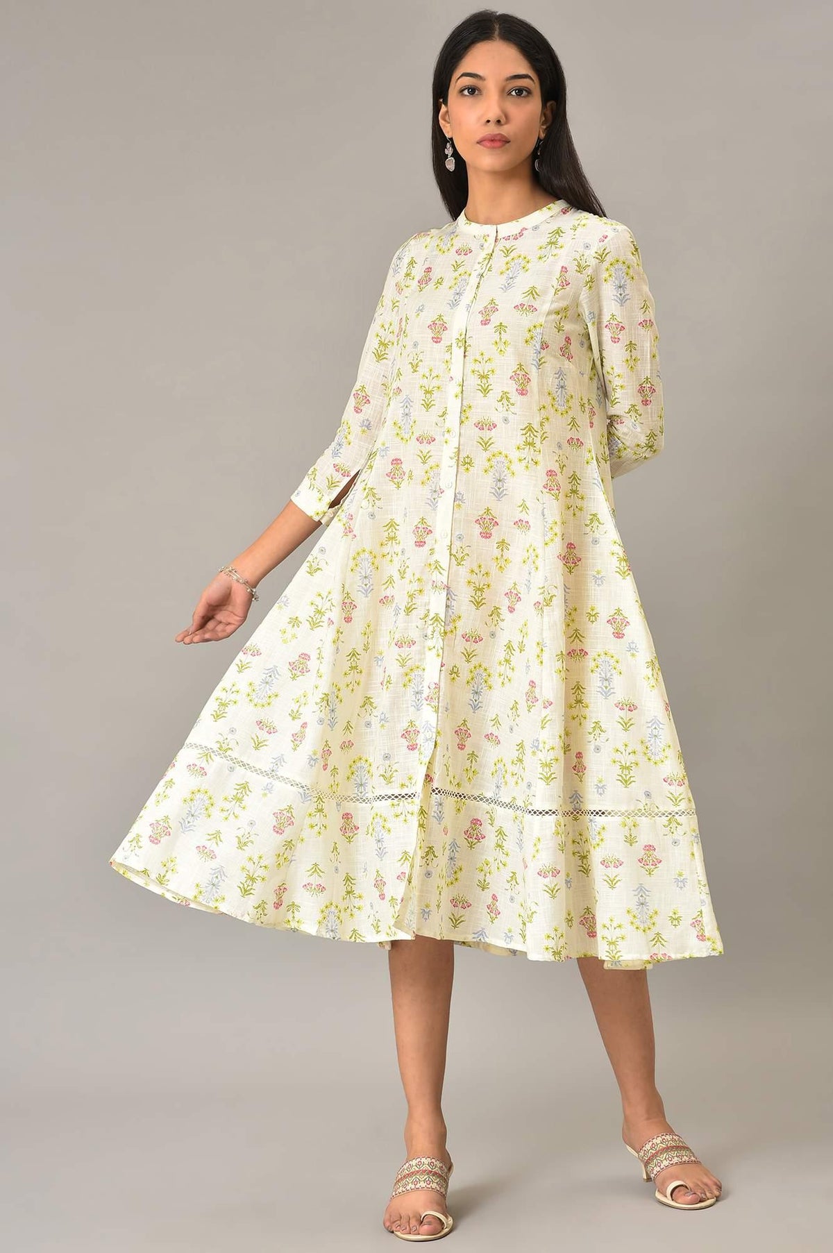 Ecru Cotton Flared Dress With Multicoloured Floreal Print - XS