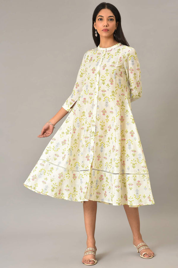 Ecru Cotton Flared Dress With Multicoloured Floreal Print