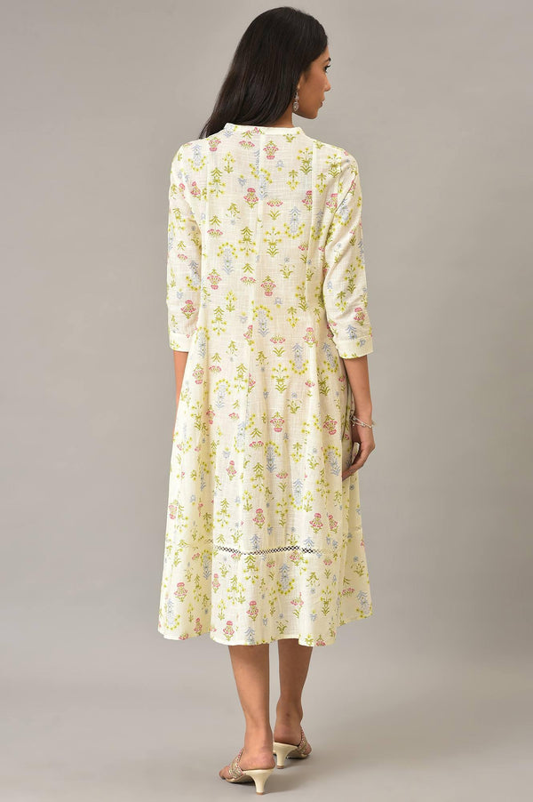 Ecru Cotton Flared Dress With Multicoloured Floreal Print