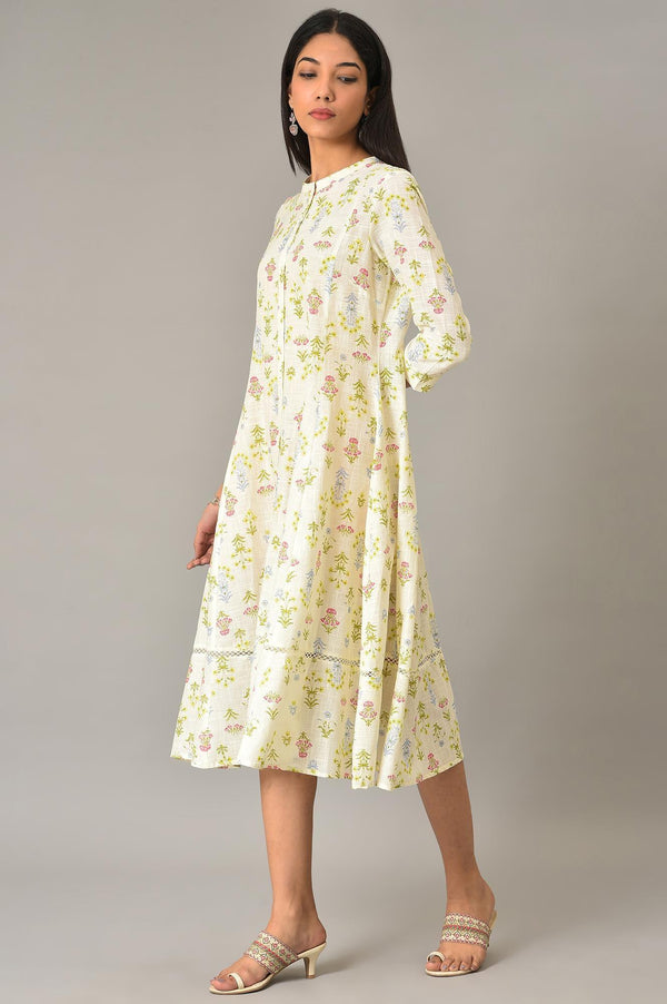 Ecru Cotton Flared Dress With Multicoloured Floreal Print