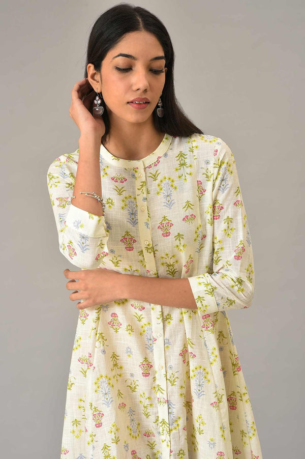 Ecru Cotton Flared Dress With Multicoloured Floreal Print