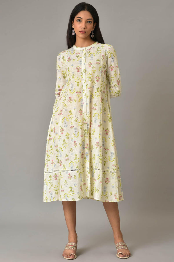 Ecru Cotton Flared Dress With Multicoloured Floreal Print