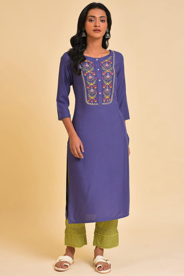 Purple Embroidered Cotton Straight Kurta