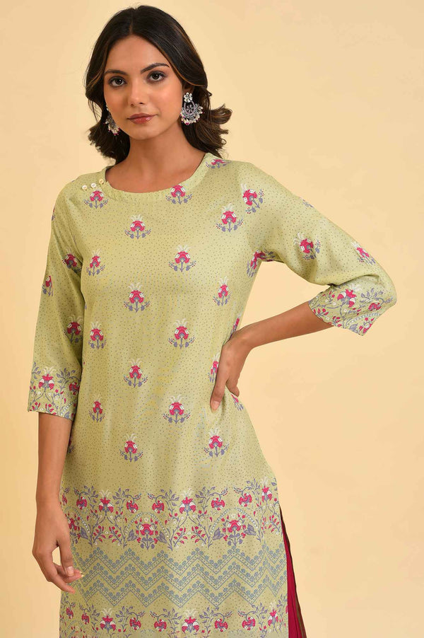 Green Floral Printed Straight Kurta with Slim Pant Set