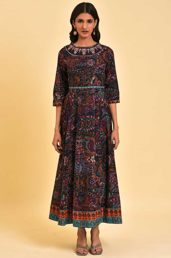 Blue Printed Kalidar Long Dress