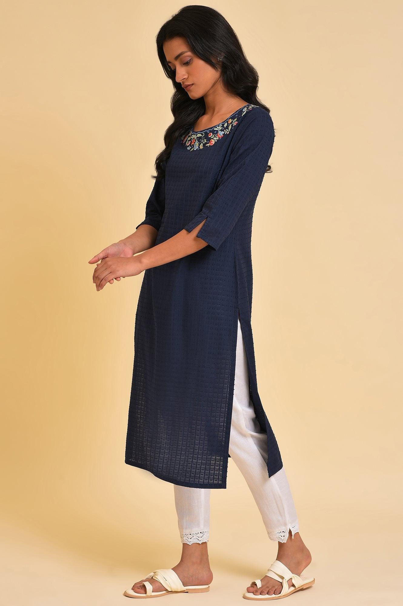 Navy Blue Textured kurta In Embroidered Neck - wforwoman