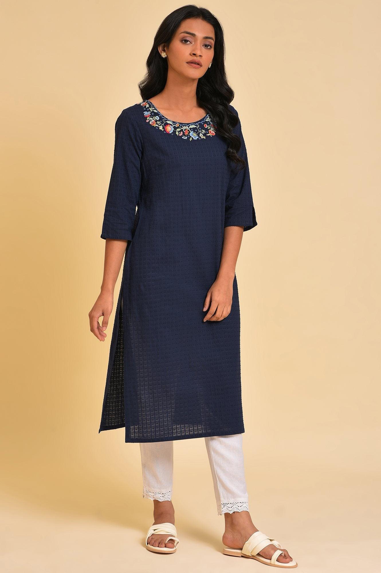 Navy Blue Textured kurta In Embroidered Neck - wforwoman