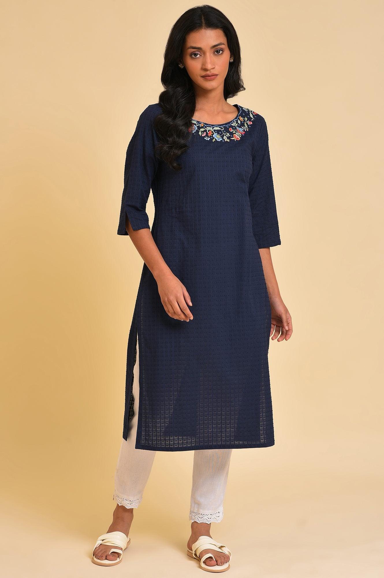 Navy Blue Textured kurta In Embroidered Neck - wforwoman