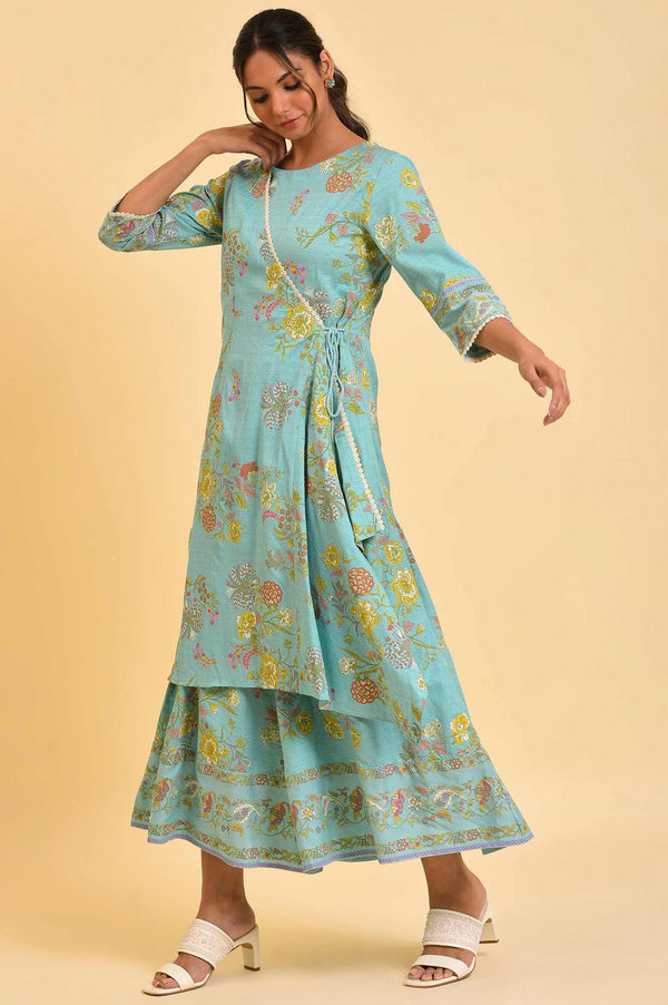 Light Blue Printed Angrakha Jumpsuit
