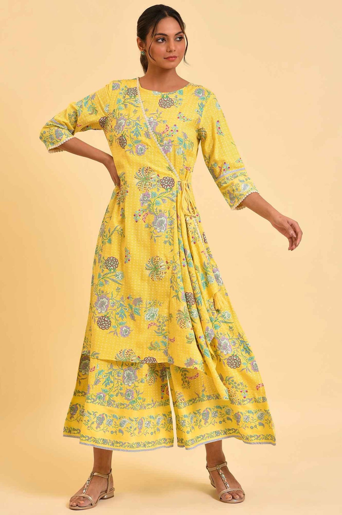 Yellow Printed Angrakha Jumpsuit - XS