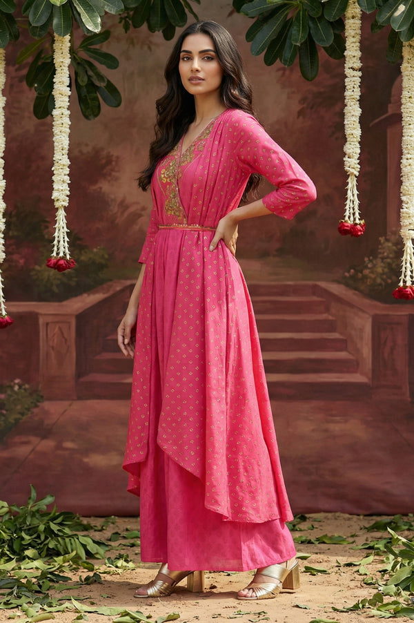 Pink Printed Draped Jumpsuit With Embroidered Belt