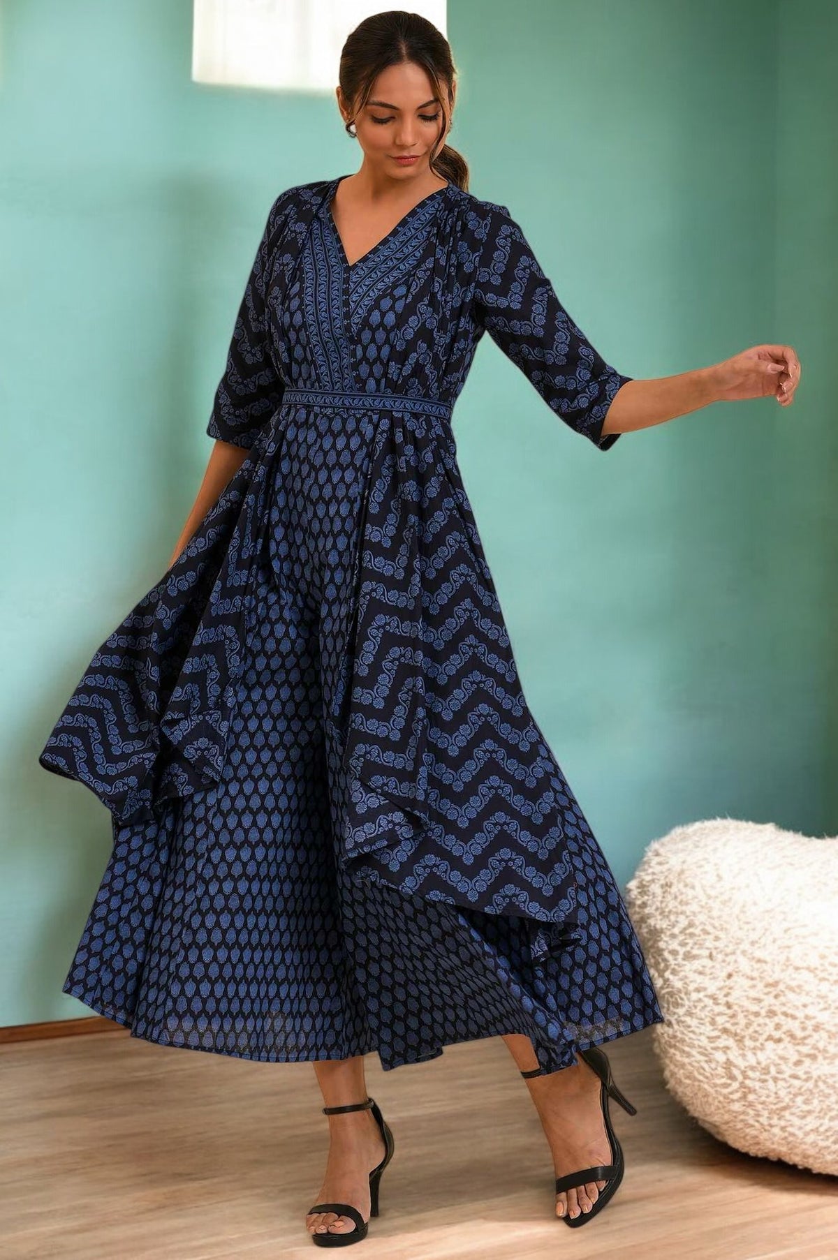 Blue Printed Kimono Jumpsuit With Belt