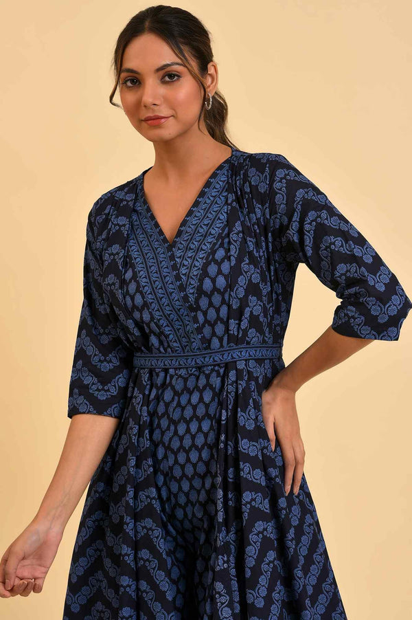 Blue Printed Kimono Jumpsuit With Belt