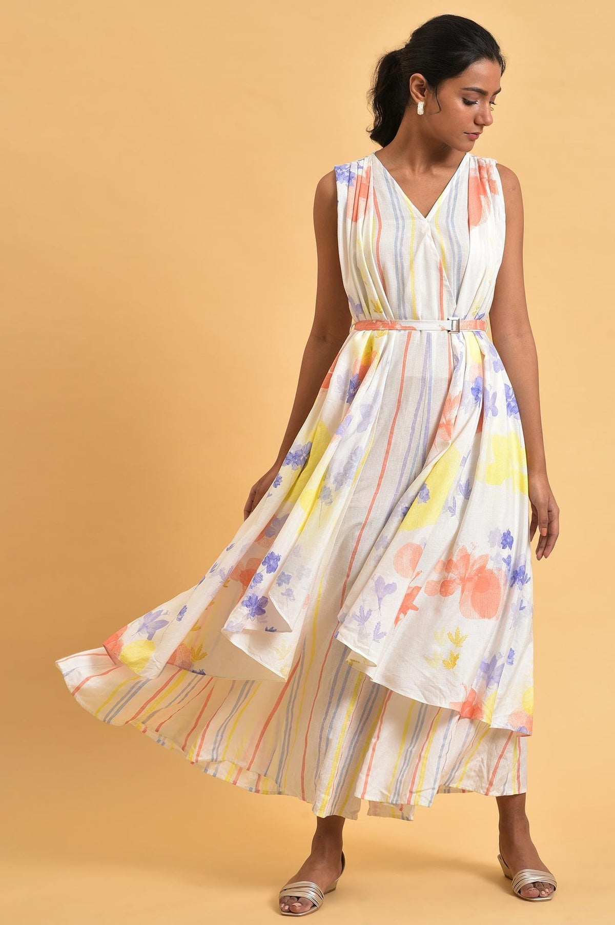 Ecru Print Mix Sleeveless Jumpsuit - XXL