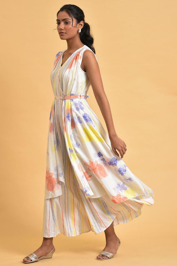 Ecru Print Mix Sleeveless Jumpsuit