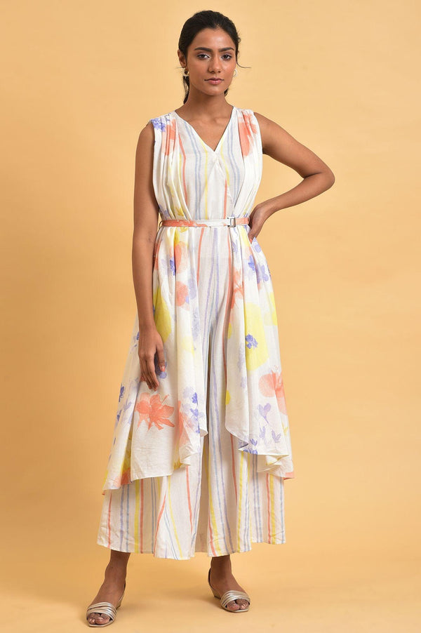 Ecru Print Mix Sleeveless Jumpsuit