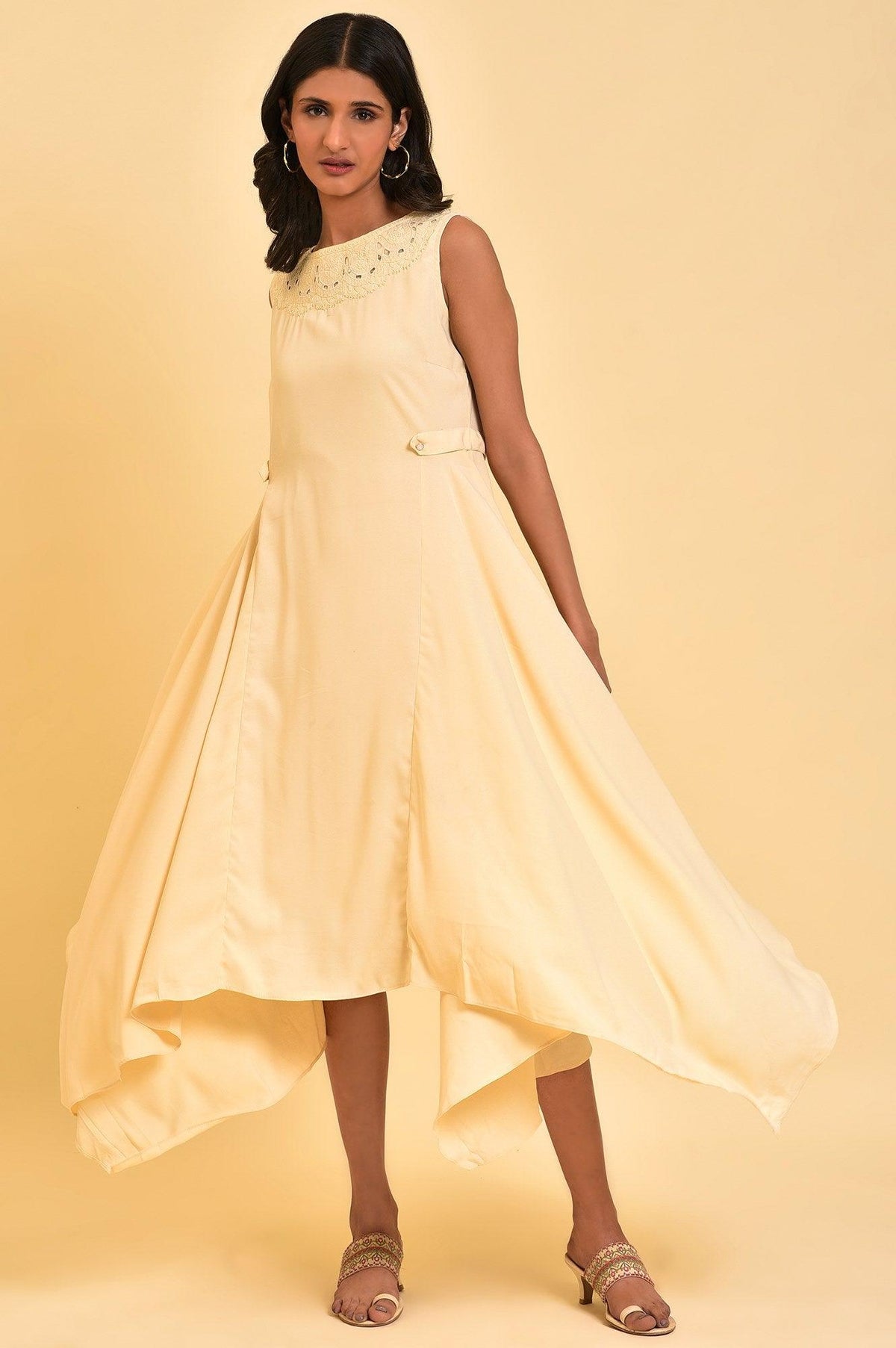 Ecru Sleeveless Asymmetrical Embroidered Dress - XS