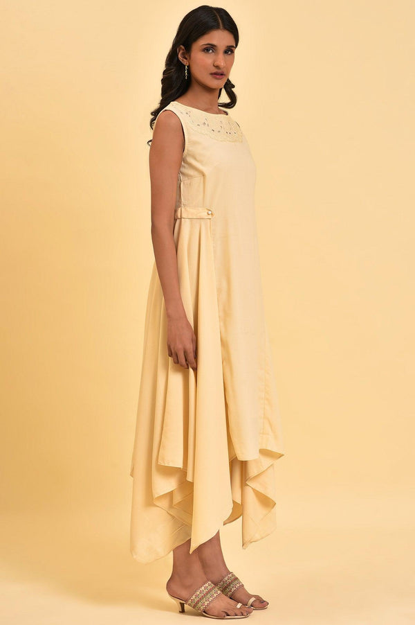 Ecru Sleeveless Asymmetrical Embroidered Dress