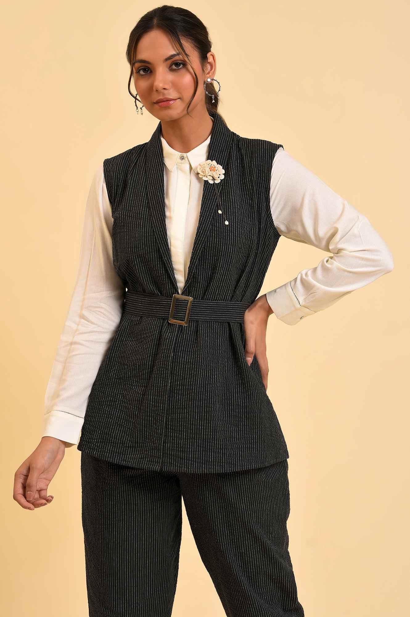 Black Yarn Dyed Western Sleeveless Jacket - wforwoman