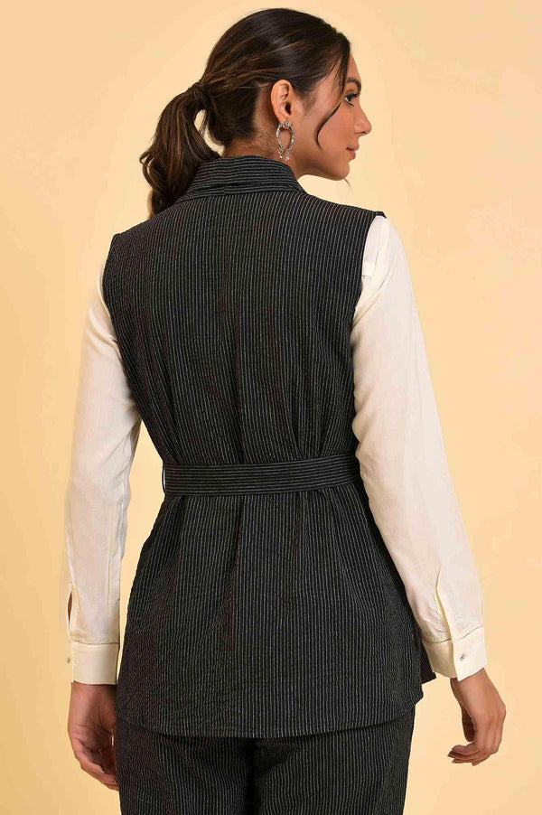 Black Yarn Dyed Western Sleeveless Jacket