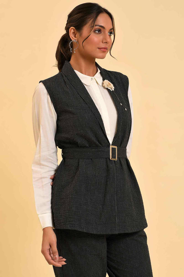 Black Yarn Dyed Western Sleeveless Jacket