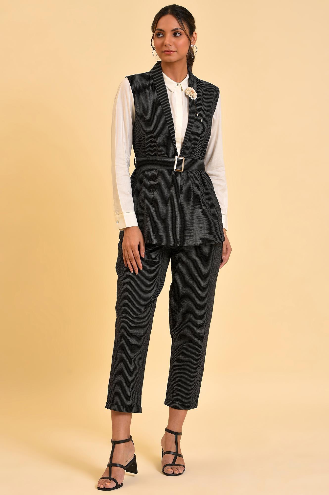 Black Yarn Dyed Western Sleeveless Jacket - wforwoman