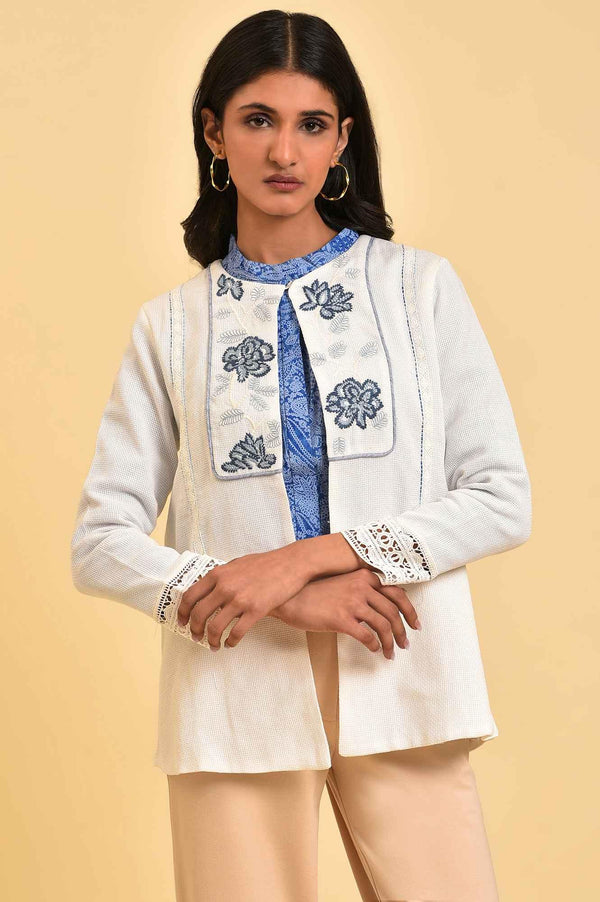 Ecru Embroidered Jacket with Lace
