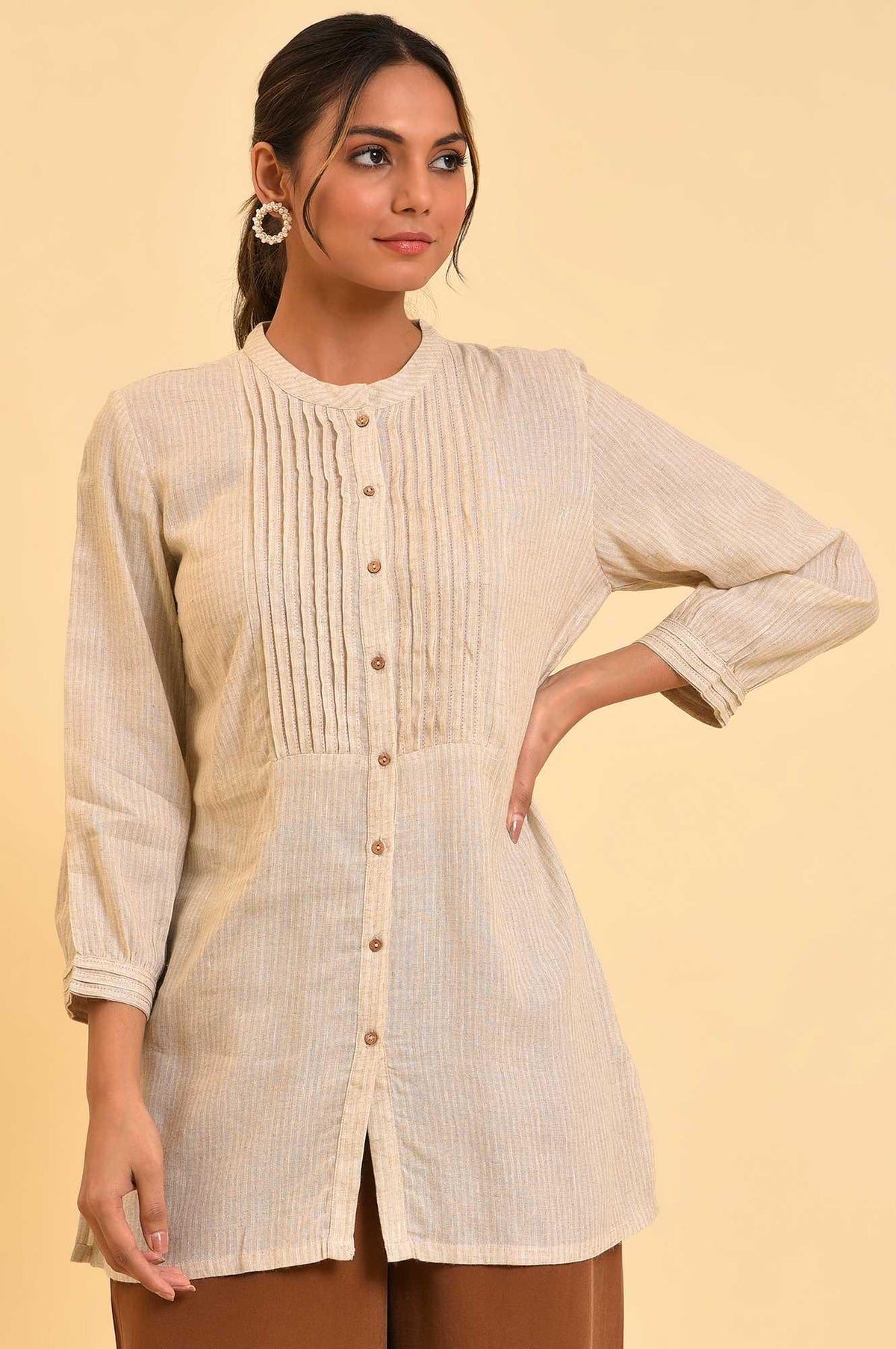 Beige Pleated Western Top - XS