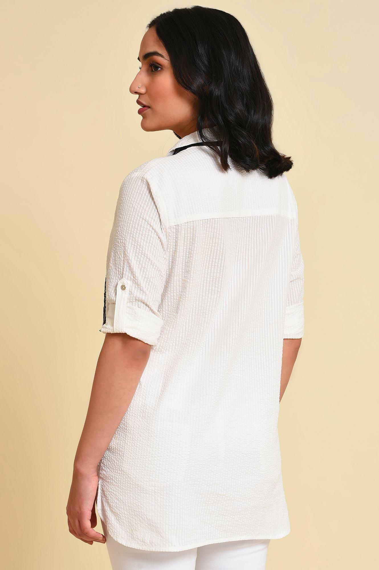 White Seer Sucket Top With Detachable Scarf - wforwoman