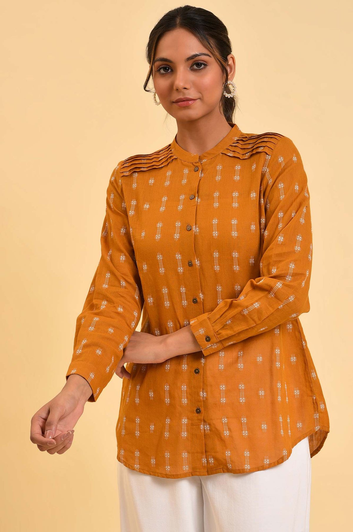 Mustard Dobby Textured Top With Pintucks - S