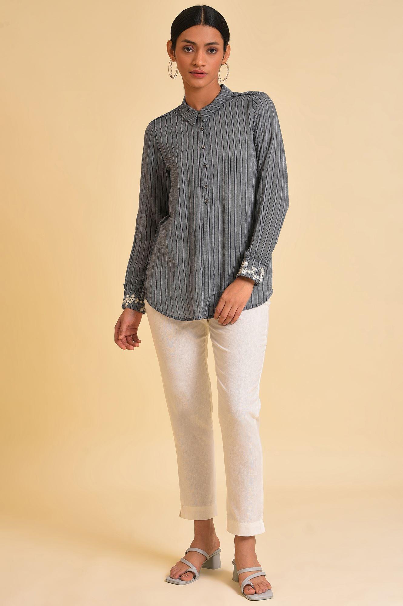 Grey Yarn Dyed Stripe Shirt - wforwoman